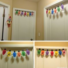 three pictures of the front door and side of a house decorated with paper hearts that say happy birthday