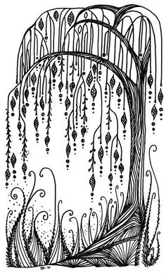 an ink drawing of a tree with lots of leaves and branches hanging from it's trunk