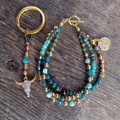 Stretch Beaded Bracelets Diy, Green Apatite, Blue Jade, Bull Head, Bracelets Diy, Gold Charm Bracelet, Blue Apatite, Beaded Bracelets Diy, Sea Blue