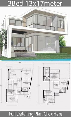 two story house plan with 3 beds and 1 bathrooms in the front, three levels on each