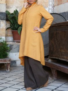 Linen Badia Tunic - Tunics & Tops - Women Fitted Casual Kurta For Workwear, Casual Fitted Kurta For Fall, Casual Fitted Fall Kurta, Casual Fitted Tunic Kurta, Elegant Summer Tunic Thobe, Oversized Bohemian Tunic Thobe, Tunic Hijab, Long Tunic Hijab, Oversized Long-sleeved Summer Tunic