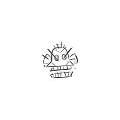 a black and white drawing of an evil looking face on a white background with the word,