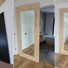 three different views of a mirror in the middle of a room with wood flooring