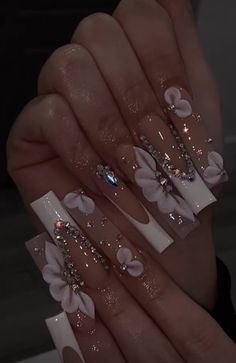 Nail For Quinceanera, Pink Quinceanera Nail Ideas, Glitter Freestyle Nails, Quince Nails Glitter, Flower On Acrylic Nails, Cute Nail Inspiration Acrylic, 21st Birthday Nails Coffin, Pink Quince Nails With Butterflies, Nail Designs Bday