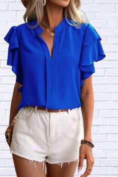 Get ready to make a statement with our Ruffled Notched Short Sleeve Blouse. This blouse is the epitome of feminine chic with its charming ruffled details and classic notched neckline. Perfect for adding a touch of elegance and style to any outfit. Elevate your wardrobe with this must-have piece! Shipping 7 To 14 Days Features: Ruffled Sheer: Opaque Stretch: No stretch Material composition: 100% polyester Care instructions: Machine wash cold. Tumble dry low. Imported Product measurements:S:Bust 3 Elegant Non-stretch Solid Color Blouse, Non-stretch Solid Color Office Blouse, Formal V-neck Blouse With Ruffles, Chic Non-stretch Ruffled Tops, Chic Solid Color Blouse With Ruffle Sleeves, Chic Ruffled Office Blouse, Summer Formal Blouse With Ruffles, Formal Summer Blouse With Ruffles, Formal Ruffled Blouse For Summer