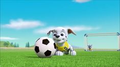 a cartoon dog is playing with a soccer ball