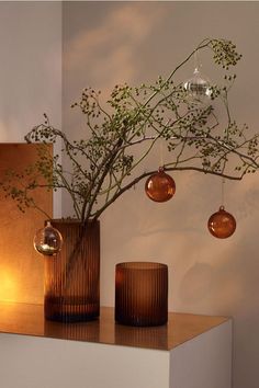 three vases with plants in them sitting on a shelf next to candles and ornaments