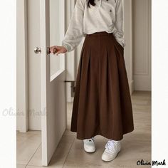 Olivia Mark - Coffee-colored Midi Skirt with High Waist, Pleats and Flared Hem Cotton Pleated Skirt For Workwear In Fall, High Waist Brown Skirt With Pockets, Brown Cotton Long Skirt, Long Brown Cotton Skirt, Fall Cotton Pleated Skirt For Work, Fall Cotton Skirt In Solid Color, Brown Solid Color Long Skirt, Casual A-line Pleated Skirt For Work, Casual A-line Pleated Skirt For Fall