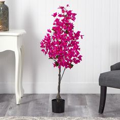 a purple plant in a black pot sitting on a wooden floor next to a white table