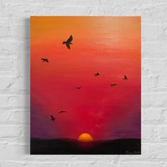 a painting of birds flying in front of an orange and pink sky with the sun setting