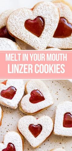 heart shaped cookies on a plate with the words melt in your mouth linzer cookies