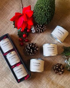 four candles are sitting next to some pine cones and christmas decorations on the floor with red poinsettis