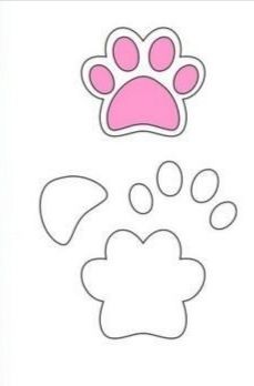 a pink paw printable on a white background with dotted lines and dots around it