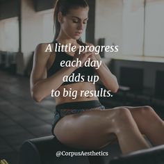 a woman sitting on top of a chair with her legs crossed and the words, a little progress each day adds up to big results