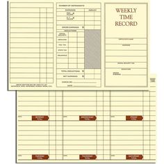 two sheets of paper with the words weekly time record written on each side and an image of