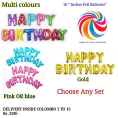 happy birthday balloons with the words happy birthday gold, pink or blue and choose any set