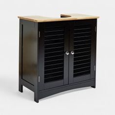 a black cabinet with two doors and a wooden counter top on one side, against a white background