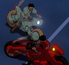 two cartoon characters riding motorcycles in the dark