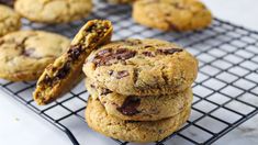 chocolate chip cookies stacked on top of each other