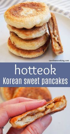 the korean sweet pancakes are stacked on top of each other, and ready to be eaten