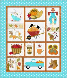 a quilt with pictures of fall and thanksgiving items