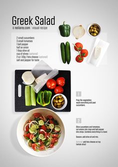 the ingredients for a greek salad are shown in this graphic style, including tomatoes, celery, cucumbers and peppers