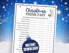 a christmas think fast printable with a blue ornament and snowflakes in the background