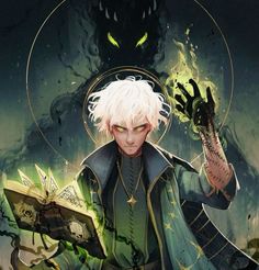 an anime character with white hair and green eyes holding a book in one hand while standing next to a demon