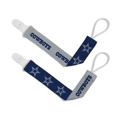 two white and blue lanyards with the words cowboys on them, both tied together