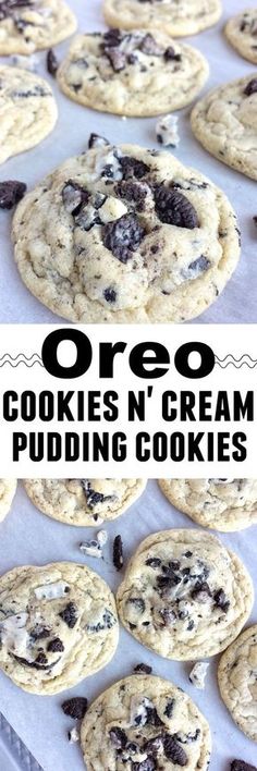 oreo cookies n'cream pudding cookies on a baking sheet with text overlay