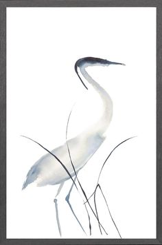 a watercolor painting of a white bird with long legs