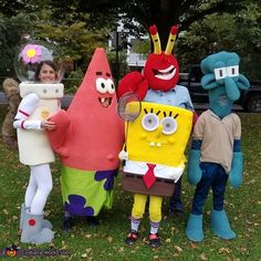 some people are dressed up as spongebob and the other characters from adventure time