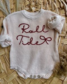 Roll Tide Roll! Where are all the little Bama fans out there?  To place your order, please select the item option you'd like - either sweater or sweater romper, then select the size. Then, continue to the personalization section to provide relevant information for your order. NOTE: Both the sweaters and sweater rompers do run LARGE - order accordingly! **Some sweater colors are available in larger sizes, so please message me if interested in a size you don't see! These products are made to order and with the utmost love and diligence. Rest assured that this is my passion, and I will get your order created and in your hands as quickly as I can! Roll Tide Football, Roll Tide Roll, Alabama Baby, Sweater Colors, Football Outfit, Sweater Romper, Toddler Romper, Alabama Football, Roll Tide