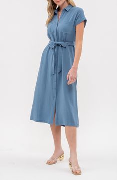 Feel your finest in this contemporary midi shirtdress featuring a button front closure and soft waist belt. 48 1/2" length Spread collar Front button closure Chest patch pockets Removable waist tie 100% cotton Hand wash, dry flat Imported Nursing Dresses, Cotton Shirt Dress, Nursing Dress, Shirtdress, Dusty Blue, Casual Skirts, Waist Belt, Waist Tie, Nordstrom Rack