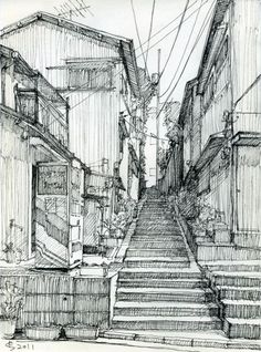 an ink drawing of some steps leading up to buildings