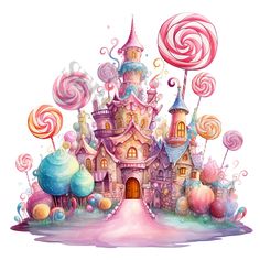 an illustration of a castle with candy land and lollipops on the roof