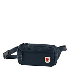 a black fanny bag with a red apple on the front and side pocket, attached to an adjustable belt