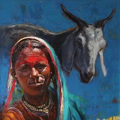 an oil painting of a woman with a goat on her head and another cow in the background