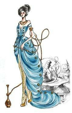 a drawing of a woman in a blue dress holding a hose and standing next to a lamp