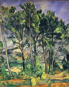 a painting of some trees in the grass