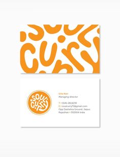 an orange and white business card with the word cuss on it