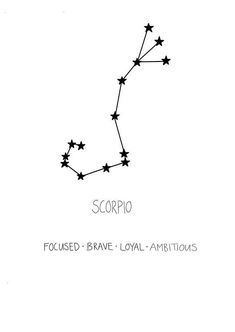 the zodiac sign scorpio is drawn in black and white with stars on it