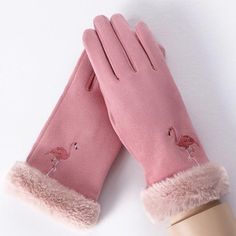 Embroidery Gloves, Flamingo Embroidery, Cartoon Gloves, Flamingo Fashion, Touch Screen Design, Elegant Gloves, Flamingo Theme, Gloves Design, Flamingo Pattern