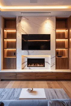 modern living room with fireplace and built - in entertainment center on the far wall, lighted by recessed lights