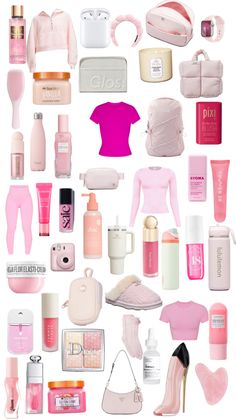 a collage of pink and white items