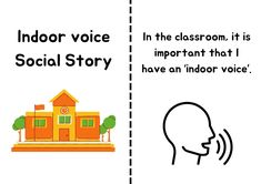 an image of a cartoon house with the words indoor voice and social story in front of it