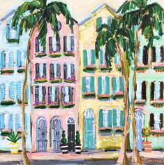 a painting of two buildings with palm trees in front