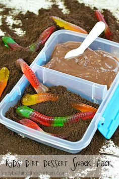 a plastic container filled with food next to a pile of dirt and colorful toy worms