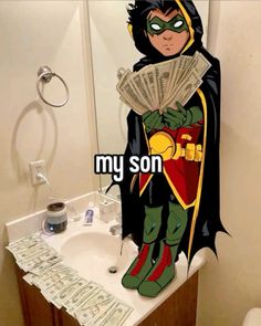 a person in a batman costume standing on top of a bathroom sink with money coming out of it