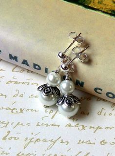 Romantic White Pearl Earrings Classic Glass Pearl by MsBsDesigns, $18.00 Ornate White Pearl Drop Earrings, White Victorian Pearl Drop Earrings, Vintage White Pearl Drop Earrings, Vintage White Dangle Pearl Earrings, Vintage Nickel-free Pearl Earrings For Wedding, Victorian Silver Clip-on Earrings For Wedding, Silver Victorian Clip-on Earrings For Wedding, Handmade Ornate Pearl Earrings For Wedding, Ornate White Bridal Earrings As Gift